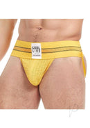 Goal Line Class Jockstrap Small Medium Yellow worn by a male model, featuring a vibrant yellow design.