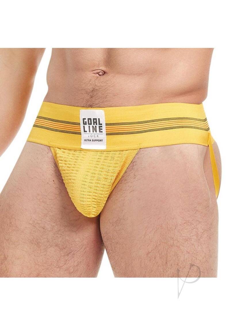 Goal Line Class Jockstrap Small Medium Yellow worn by a male model, featuring a vibrant yellow design.