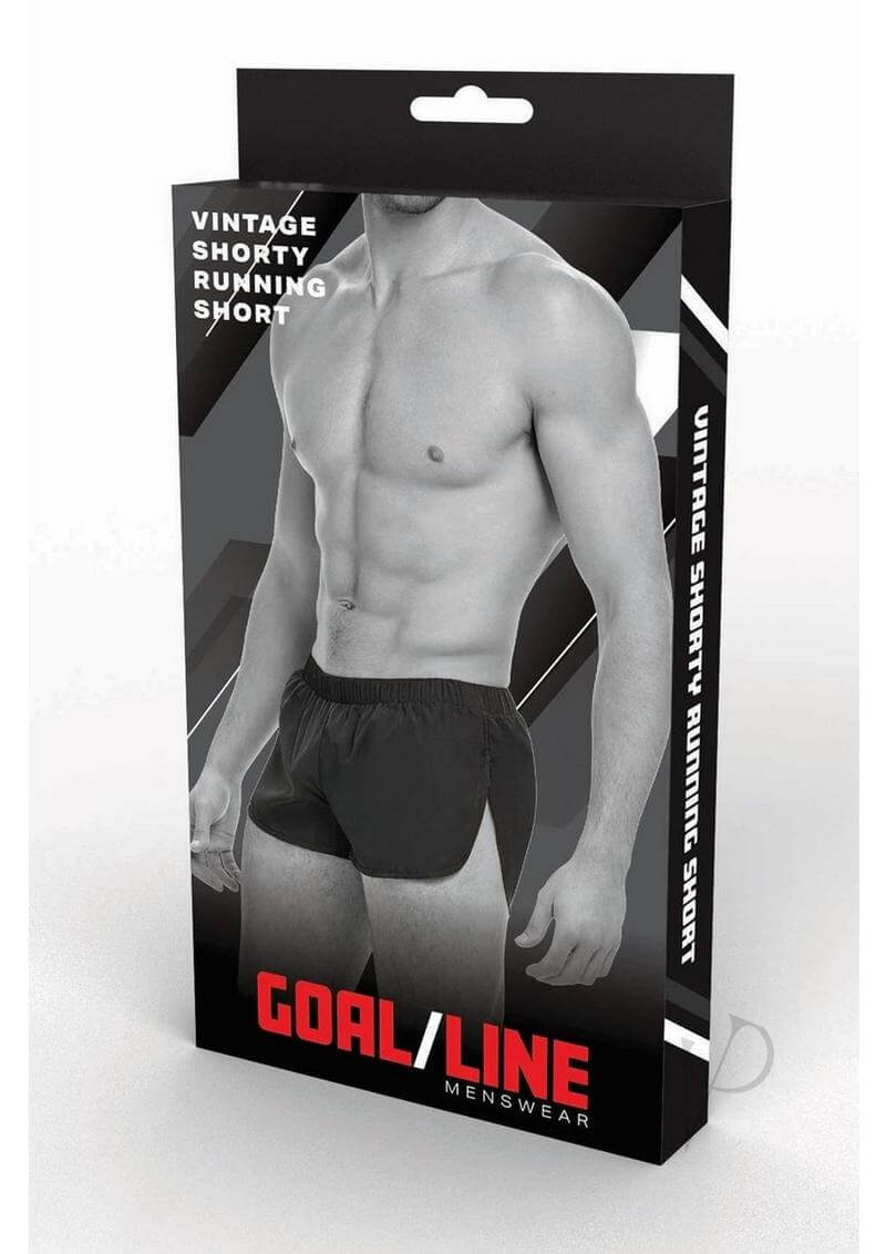 Goal Line Extreme Split Booty Shorts Black Small Medium packaging featuring vintage shorty running shorts design.