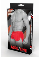 Goal Line Extreme Split Booty Shorts Small Medium Red packaging with model wearing red running shorts.