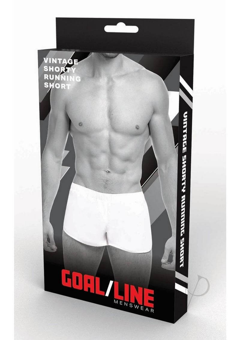 Goal Line Extreme Split Booty Shorts White Small Medium packaging with vintage shorty running short design.