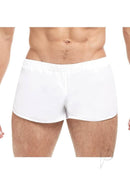 Goal Line Extreme Split Booty Shorts White Small Medium showcasing front view on model, highlighting extreme split design.