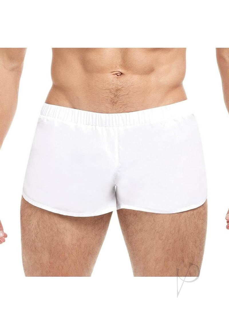 Goal Line Extreme Split Booty Shorts White Small Medium showcasing front view on model, highlighting extreme split design.
