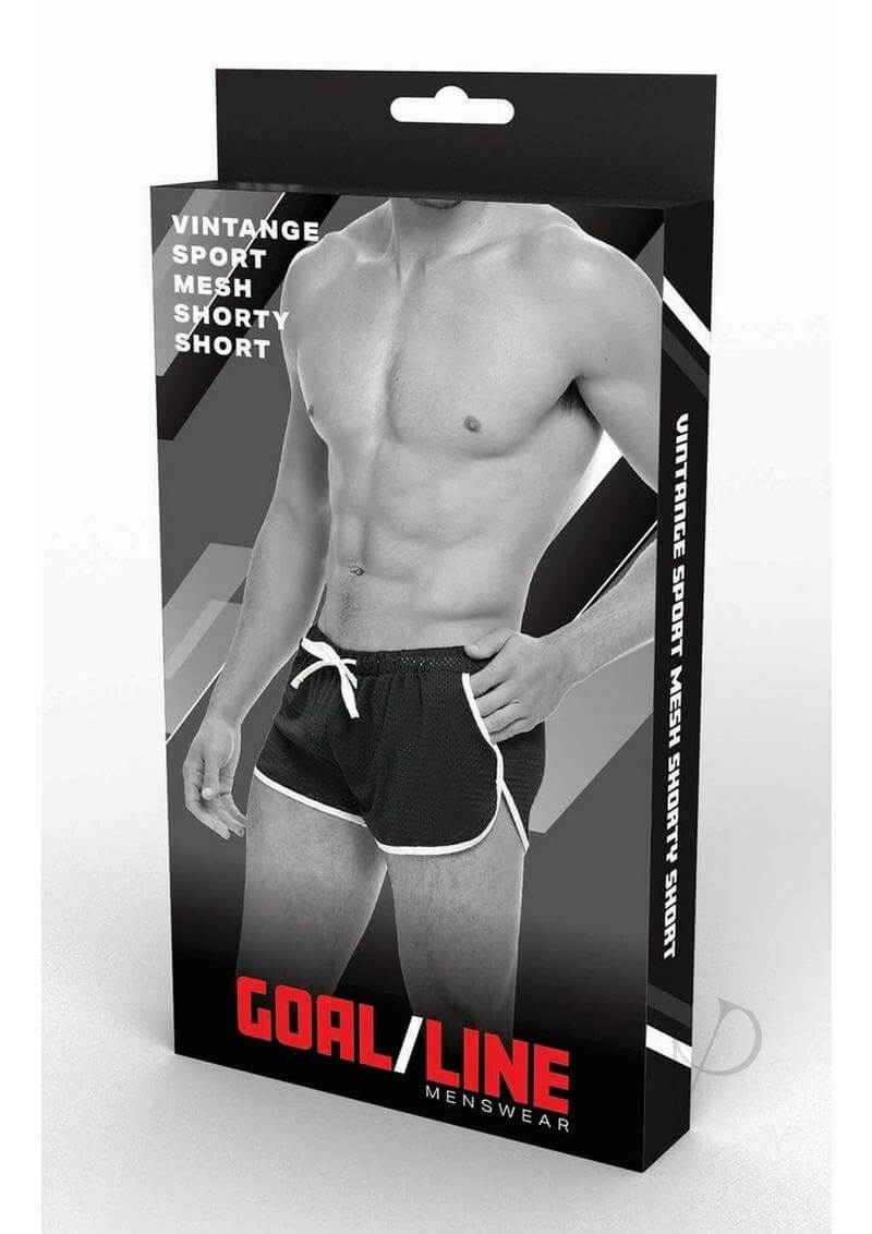 Goal Line Side Split Mesh Booty Shorts Black Large XLarge displayed on packaging, showcasing athletic design and comfort.