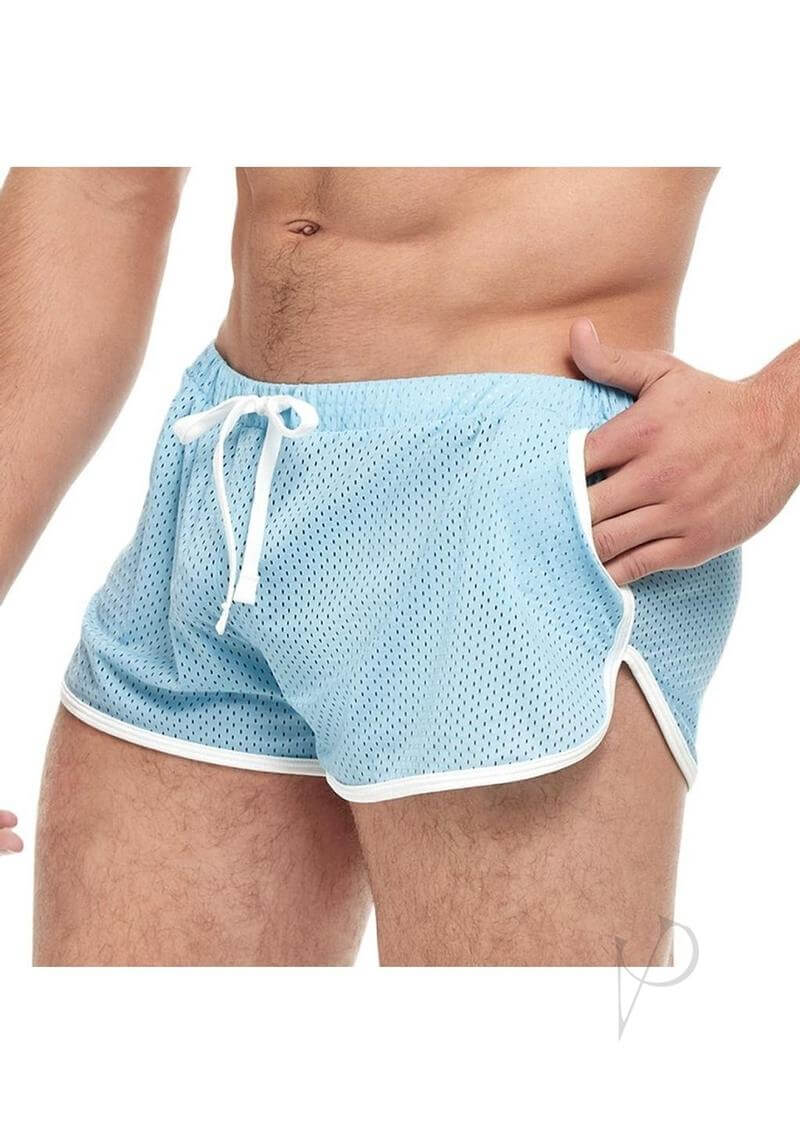 Goal Line Side Split Mesh Booty Shorts Blue Large XLarge showcased on a male model, highlighting side split design.
