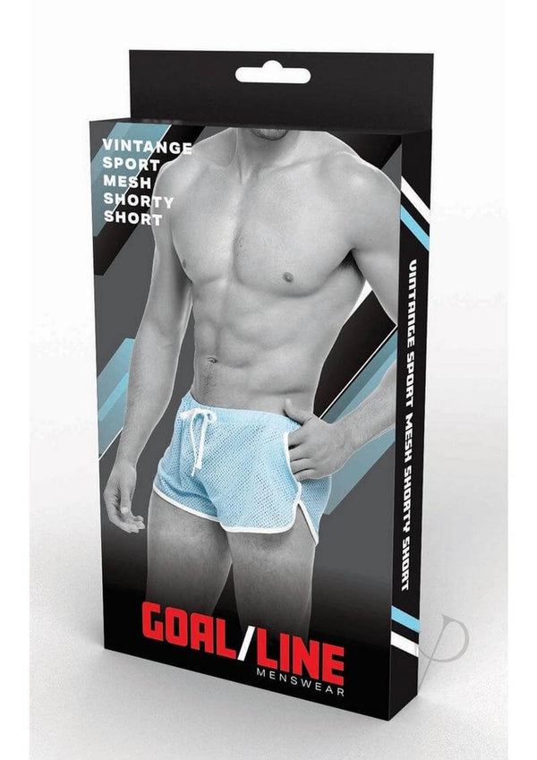 Goal Line Side Split Mesh Booty Shorts Small Medium Blue packaging with sporty design and model.