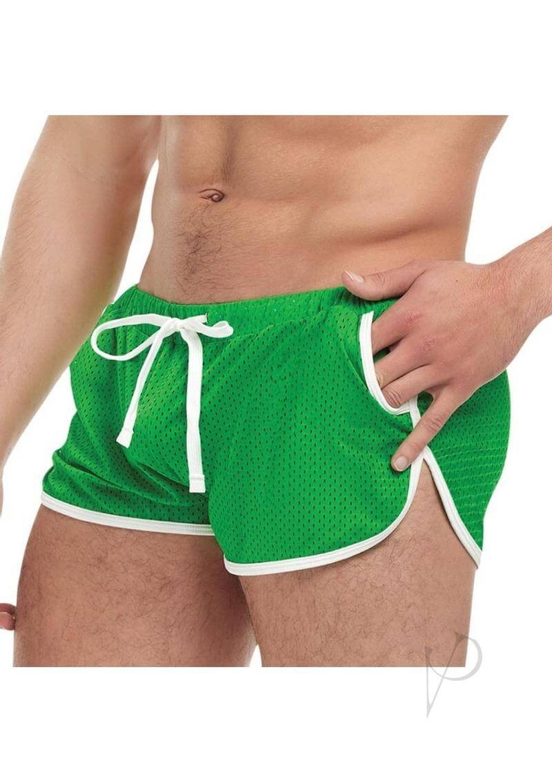 Goal Line Side Split Mesh Booty Shorts Small Medium Green with breathable fabric and side-split design.