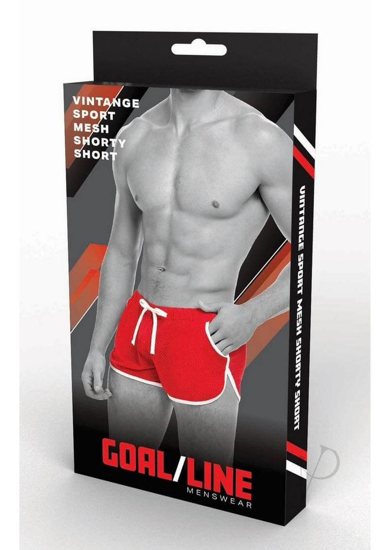Goal Line Side Split Mesh Booty Shorts Red Large XLarge packaging featuring model wearing red shorts.
