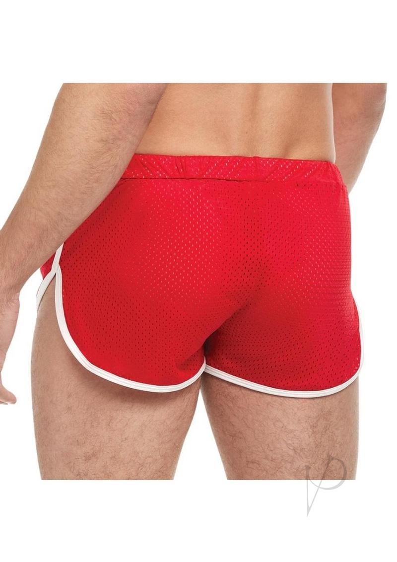 Goal Line Side Split Mesh Booty Shorts Red Large XLarge showing the back view with sporty mesh design and side splits.