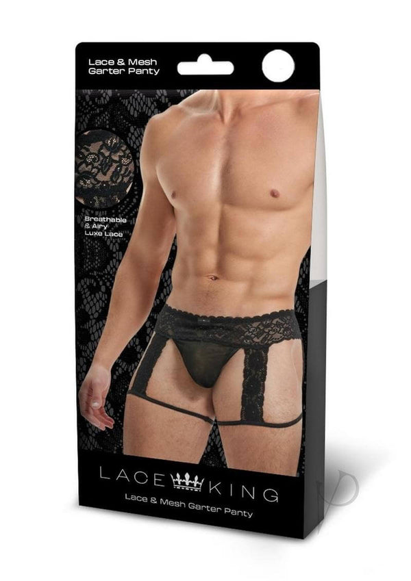 Lace King Men Lace and Mesh Garter Panty Large XLarge Black packaging displayed with model wearing it.