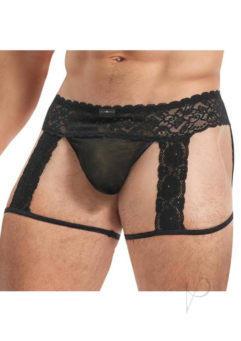 Lace King Men Lace and Mesh Garter Panty Large XLarge Black showing black lace and mesh design for men.