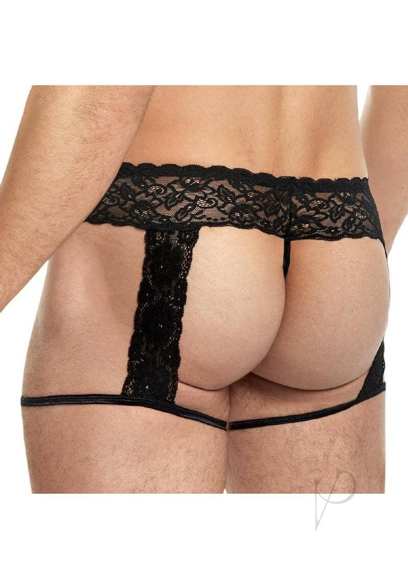 Lace King Men Lace and Mesh Garter Panty Large XLarge Black back view showing lace and mesh design.