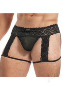 Lace King Men's Lace and Mesh Garter Panty Black worn by a model showcasing the intricate design and adjustable garter straps.