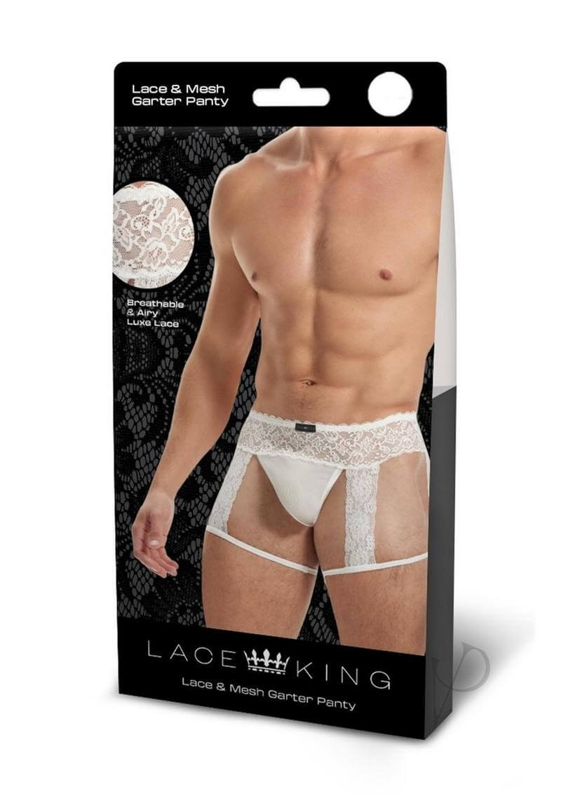 Lace King Men Lace and Mesh Garter Panty L XL White packaging with model wearing the product.