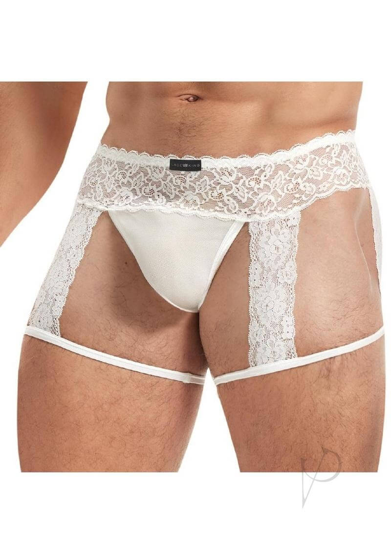 Lace King Men Lace and Mesh Garter Panty L XL White showcasing bold lace and mesh design in stylish men's lingerie.