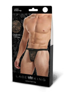 Lace King Lace G String Black Large XLarge packaged, showcasing sheer lace and men's daring lingerie style.