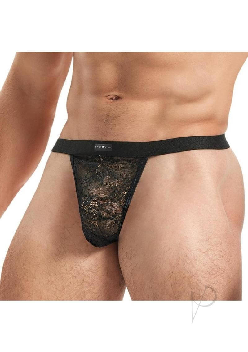 Lace King Lace G String Black Large XLarge worn by a model, showcasing its sheer lace design and comfortable fit.