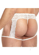 Lace King Mens Lace and Mesh Garter Panty White S M showcasing delicate lace and sheer mesh design on a model.