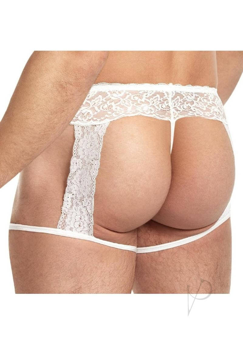 Lace King Mens Lace and Mesh Garter Panty White S M showcasing delicate lace and sheer mesh design on a model.