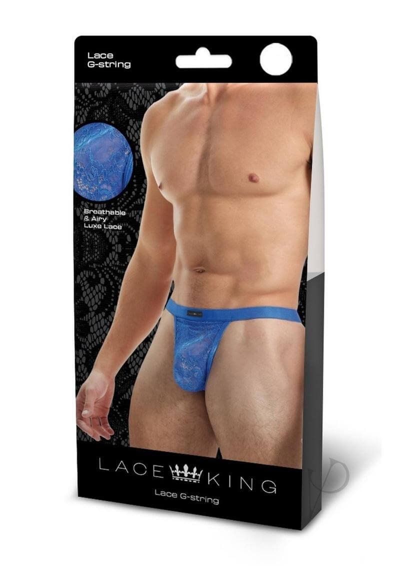Lace King Lace G String Large XLarge Blue packaging featuring a male model wearing a blue lace G-string.