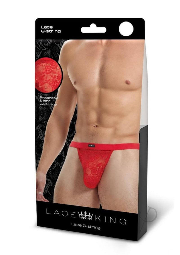 Lace King Lace G String Large XLarge Red packaging showcasing a male model wearing a bold red lace G-string.