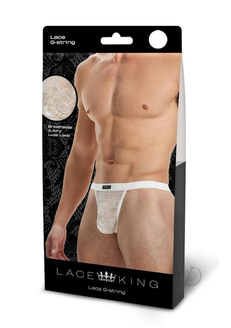 Lace King Lace G-String Small Medium White packaging displaying a model wearing the lace G-string.