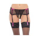 Rene Rofe Dream Of Me Crotchless Garter Thong Black S/M featuring lace and garters with pink accents.