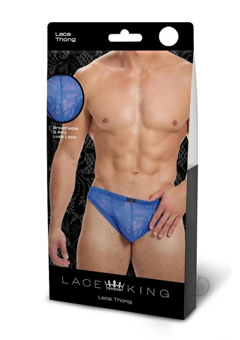 Lace King Lace Thong for Men S M Blue displayed in packaging, highlighting its premium lace and sexy design.