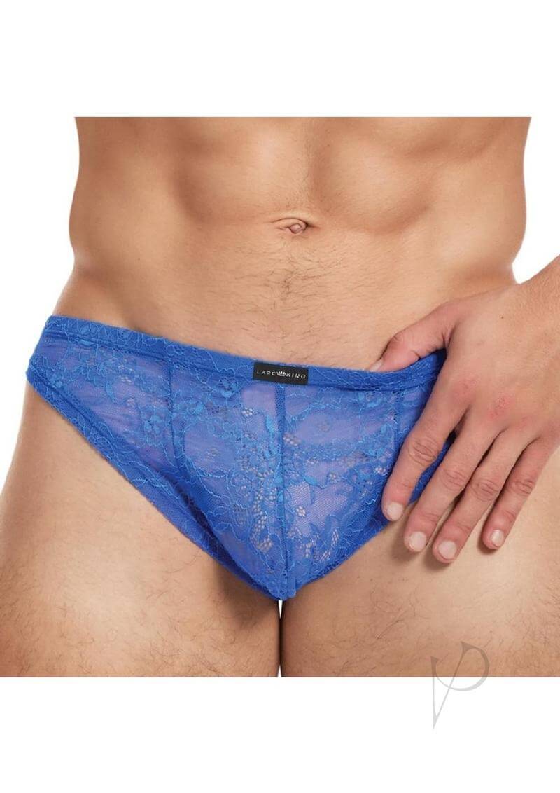 Lace King Lace Thong for Men S M Blue showcasing a confident fit and sensual lace design.