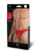Lace King Lace Thong for Men M L Red packaging featuring model wearing seductive lace thong.