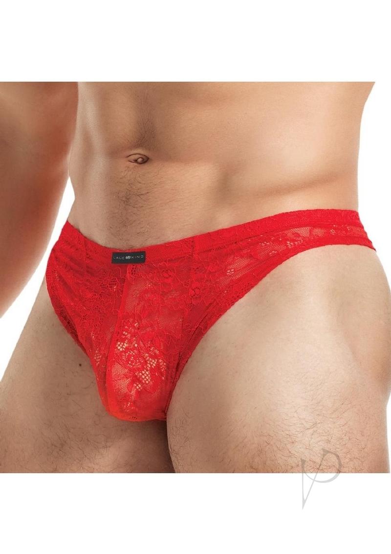 Lace King Lace Thong for Men M L Red featuring luxurious lace and minimal coverage for maximum appeal.
