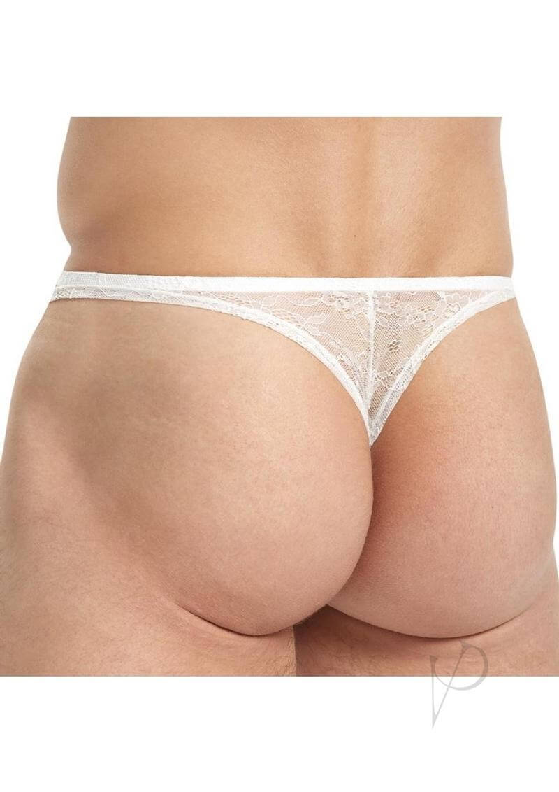 Lace King Lace Thong M L White showcasing a sexy rear view of men's lace thong underwear in white.