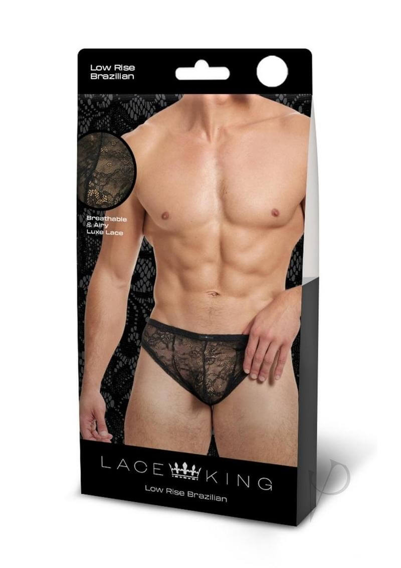 Lace King Lace Bikini Medium Large Black packaging showing a low-rise Brazilian design for men.