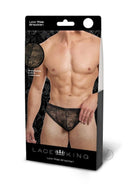 Lace King Lace Bikini Small Medium Black packaging featuring a model wearing a low-rise Brazilian lace bikini.