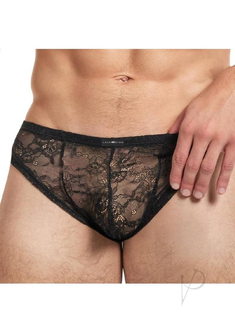 Lace King Lace Bikini Small Medium Black showcasing a men's lace bikini with a low-rise cut and intricate lace design.