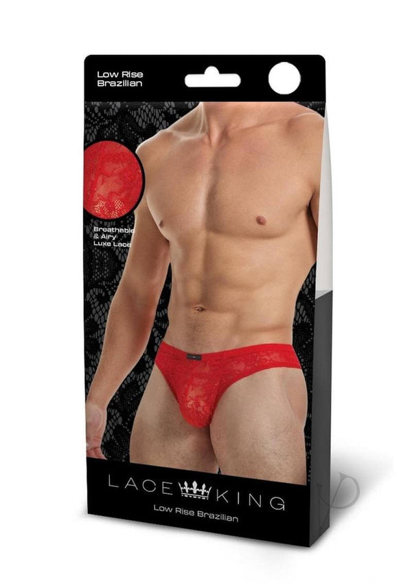 Lace King Low Lace Brazilian Bikini Red L XL packaging showcasing low rise design and premium lace fabric.