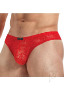 Lace King Low Lace Brazilian Bikini Red L XL showcasing a man wearing red lace underwear with a daring Brazilian cut.