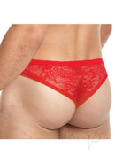 Lace King Low Lace Brazilian Bikini Red L XL showcasing a man's back view in a daring red lace design.