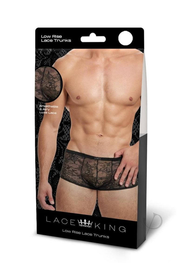 Lace King Lace Trunks Small Medium Black packaging showcasing stylish lace underwear for men.