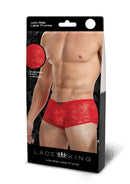 Lace King Lace Trunks Large XLarge Red, featuring a man in red lace trunks on packaging display.