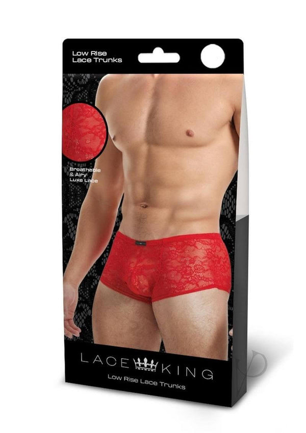 Lace King Lace Trunks Large XLarge Red, featuring a man in red lace trunks on packaging display.