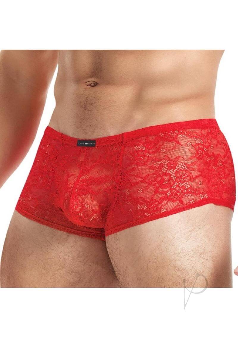 Lace King Lace Trunks Large XLarge Red in semi-sheer lace, highlighting modern men's fashion and confidence.