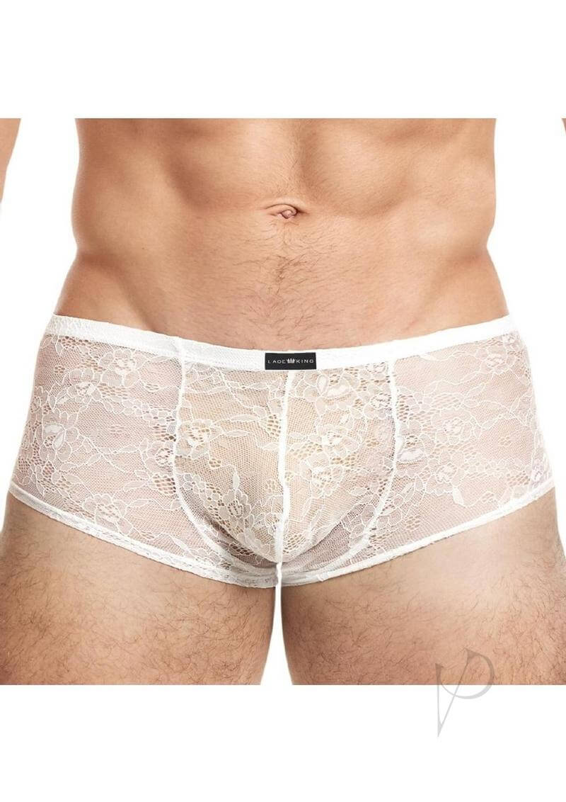 Lace King Lace Trunks Large XLarge White showcasing stylish, sheer lace design for men's underwear.