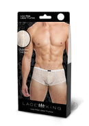 Lace King Lace Trunks Small Medium White packaging showcasing a model wearing low rise lace trunks.