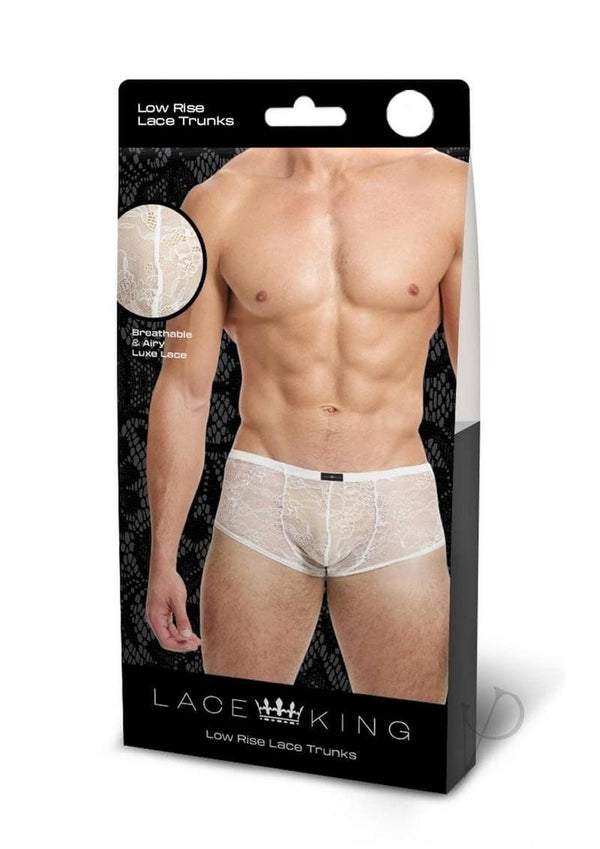 Lace King Lace Trunks Small Medium White packaging showcasing a model wearing low rise lace trunks.