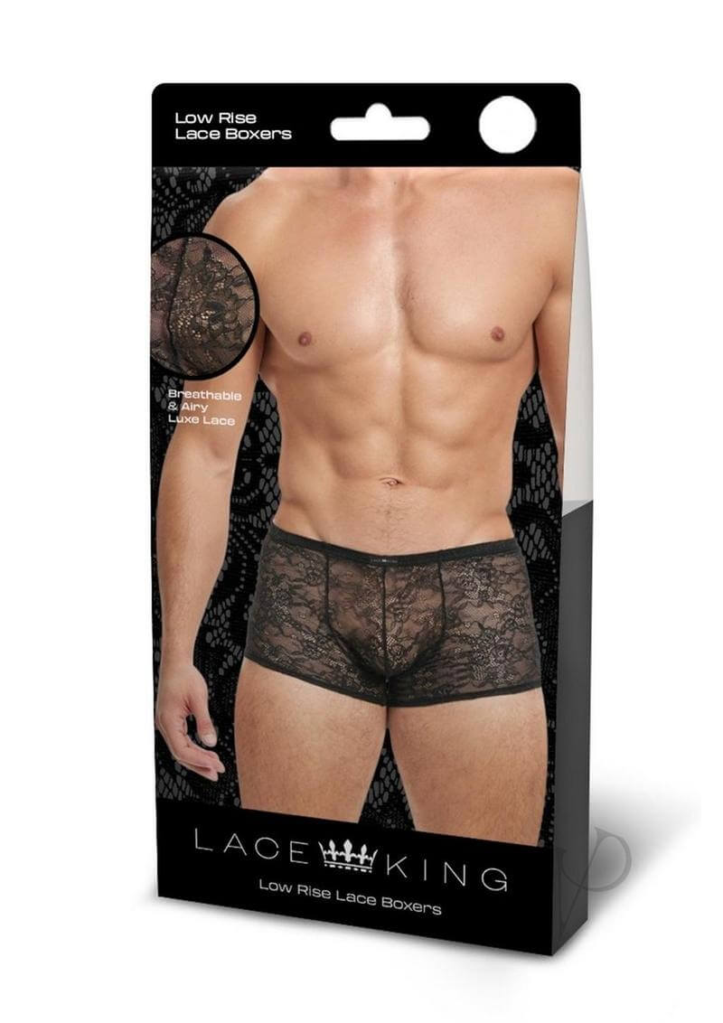 Lace King Low Rise Lace Boxers Black Large XLarge packaging with model wearing lace boxers.