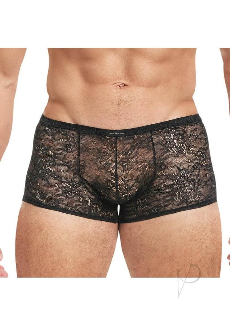 Lace King Low Rise Lace Boxers Black Large XLarge front view on model showcasing luxurious lace design.