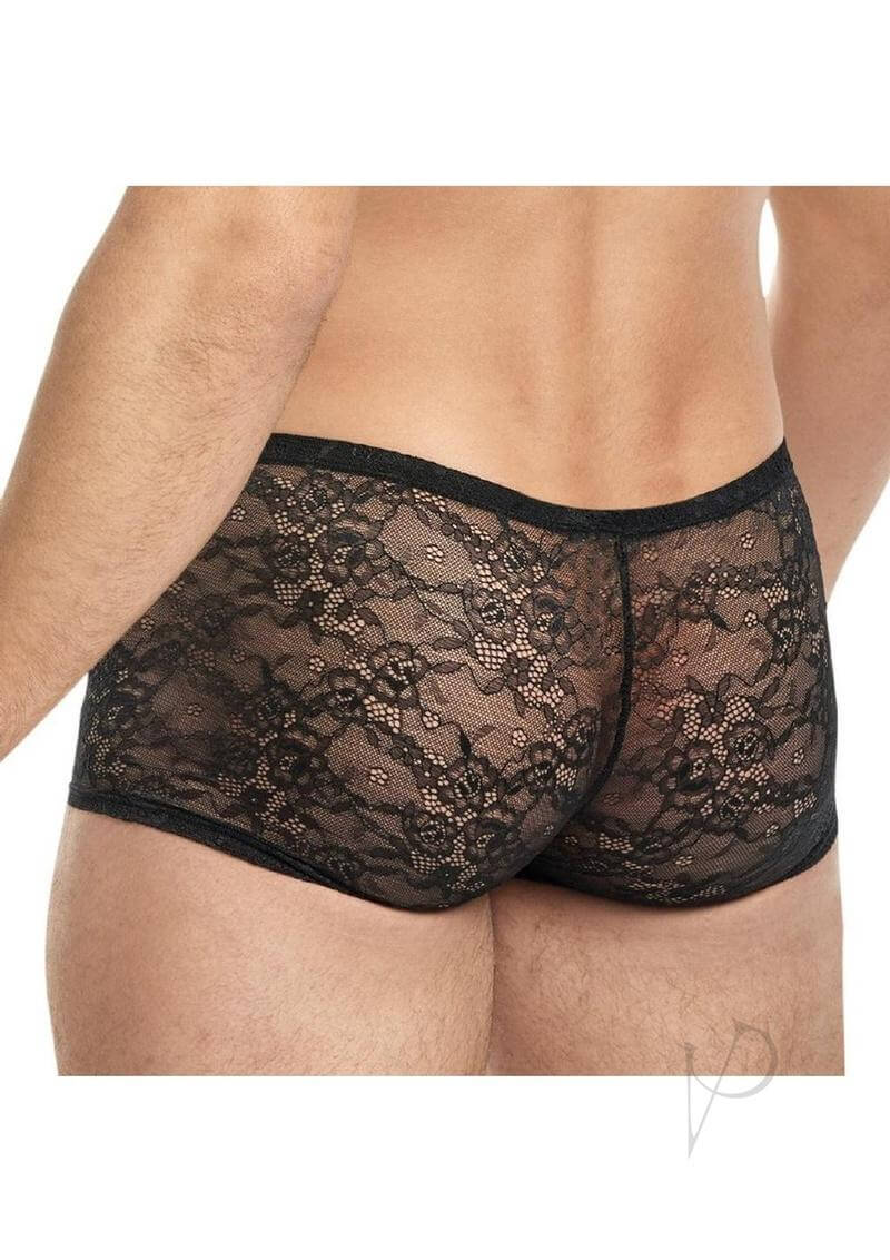 Lace King Low Rise Lace Boxers Black Large XLarge featuring a sleek lace design for men, back view showcasing luxury and comfort.
