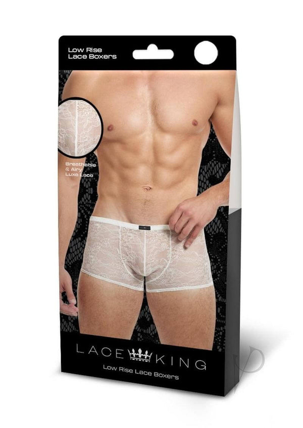 Lace King Lace Boxers Large XLarge White packaging featuring a model wearing low rise lace boxers.