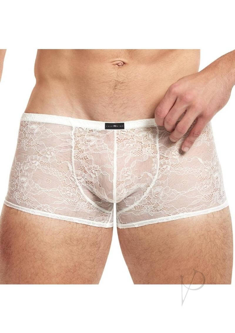 Lace King Lace Boxers Large XLarge White on a male model showcasing stylish lace design and luxurious fabric.